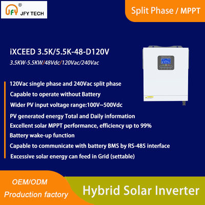 Inversor solar híbrido com entrada fotovoltaica de 100 V a 500 V e fase única de 120 Vac/240 Vac de fase dividida
